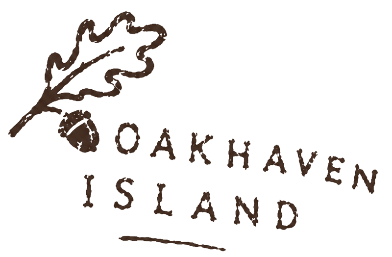 Oakhaven Island — an oak leaf and acorn drawn in ink